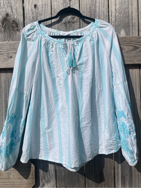 crown & ivy Tops - Light Blue Striped Peasant Blouse with Embroidered Sleeves Sz XXL